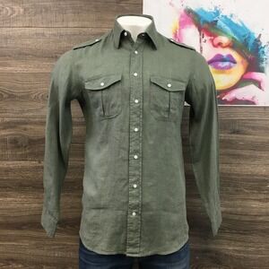 Spier & Mackay‎ Slim Fit Olive Green Linen Shirt Mens Size 15.5 Long Sleeve